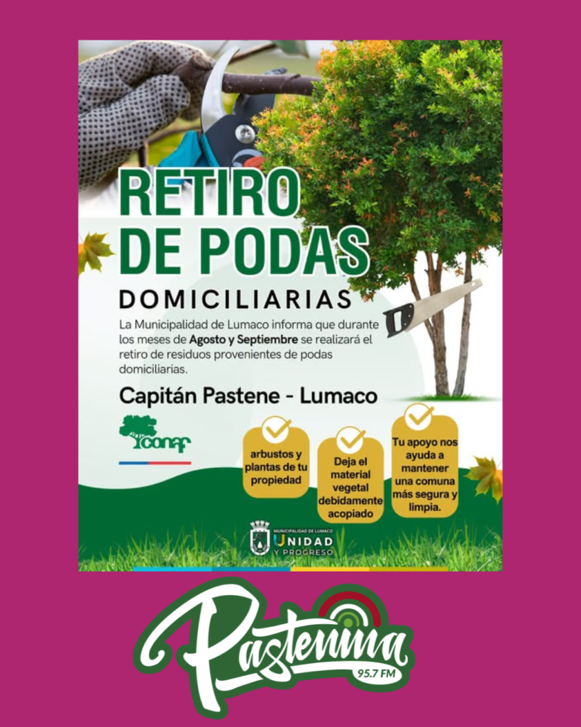 MUNICIPALIDAD DE LUMACO REALIZARÁ RETIRO DE PODAS DOMICILIARIAS DURANTE AGOSTO Y SEPTIEMBRE